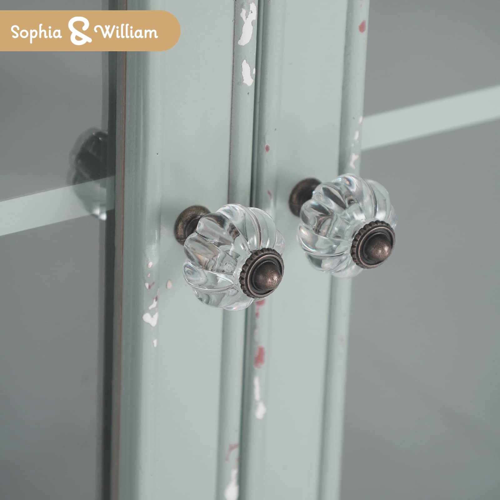 アンティークなガラス扉のキャビネット6ドロワー ミントグリーン木製キャビネット アンティークなガラス扉のキャビネット6ドロワー ミントグリーン